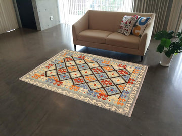 Flat Weave Kilim, Antique, Navaho, Vintage, Handmade, Geometric Kilim Blue Rust Hand-Woven Rectangle 100% Wool Area Rug 4 x 6
